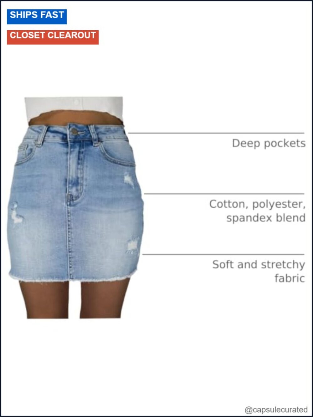 High Waisted Stretchy Denim Mini Skirt with Distressed Ripped Details and - Picture 3 of 6